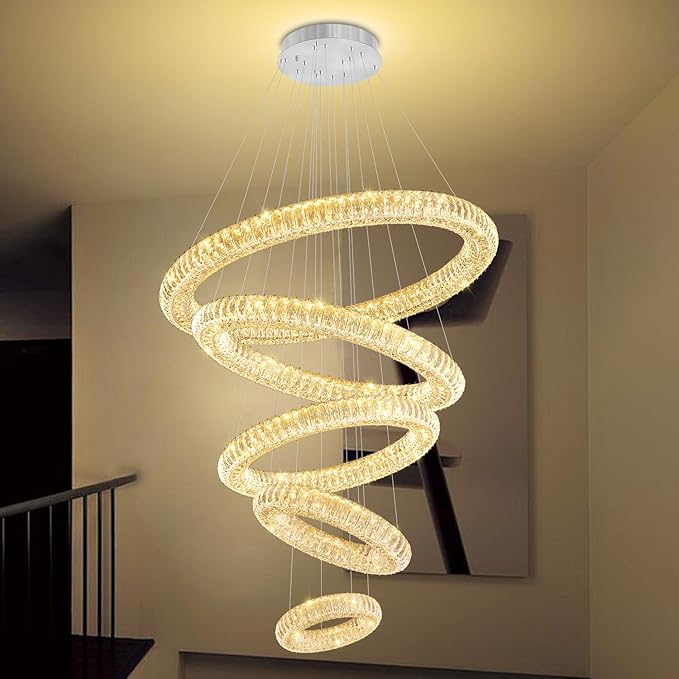 Extra Large LED 5-Ring Crystal Chandeliers for High Ceiling Modern Glam Crystal Ring Chandeliers Living Room Foyer Staircase D8+15.7"+23.6"+31.5"+39.4"