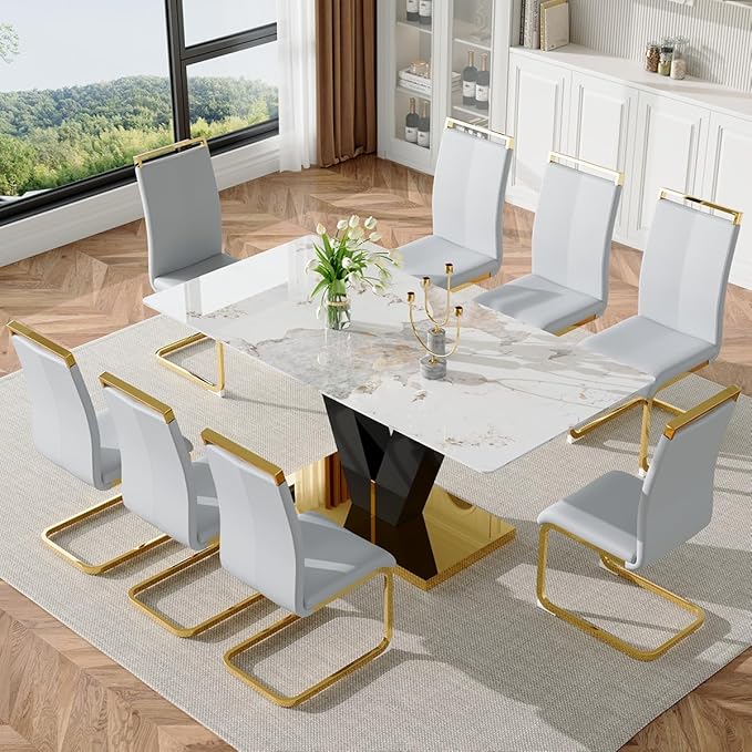 71'' Dining Table Set for 8,Marble Dining Table Set,Modern Kitchen Table with 8 PU Leather Chairs,Gold Dining Room Table Set with V-Shaped Black Glossy Pillars,Ideal for Kitchen Dining Room