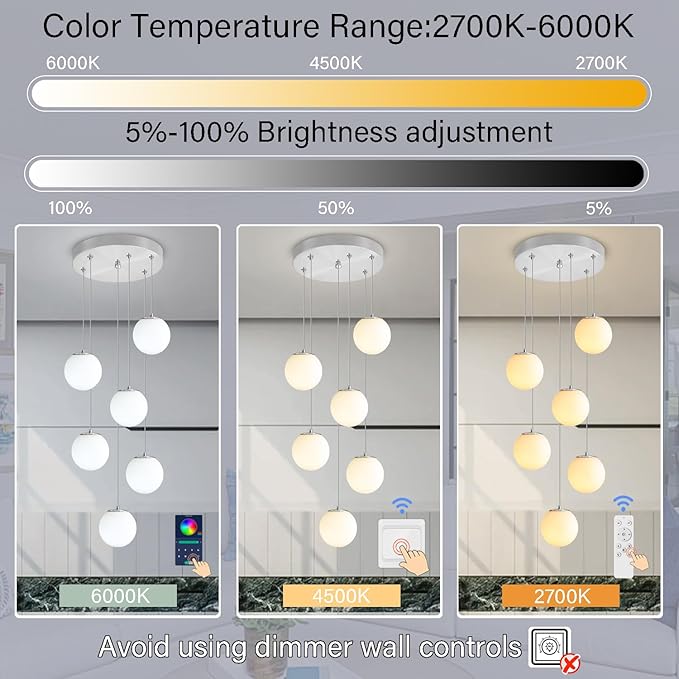 H 87in Globe Pendant Light 6-Lights Modern Hanging Chandelier for Kitchen Island Silver Globe Chandelier Milk White Glass Pendant Lighting for Living Room Bedroom Entryway