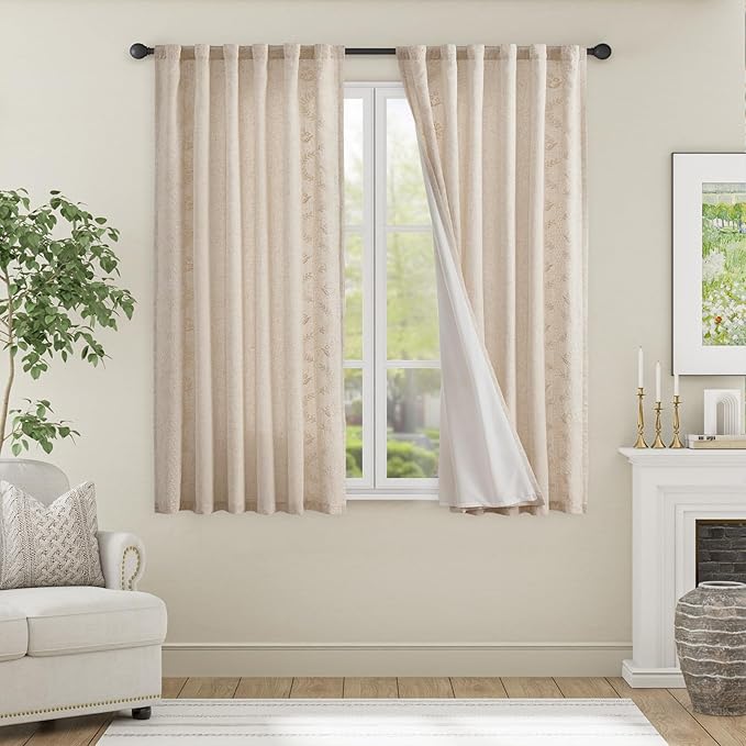 jinchan Belrose Lined Linen Blend Curtains Boho Floral Curtains for Bedroom 63 Inch Length Ivory Embroidered Drapes Rod Pocket Farmhouse Flower Drapes for Living Room Window Treatments Set 2 Panels