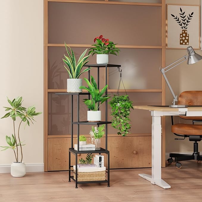 Plant Stand Indoor with Grow Light, 5-Tiered Tall Plant Stand Indoor, Metal Plant Shelf with Hanging Basket Hook and Adjustable Light, Ideal for Living Room, Garden, Patio (Black )