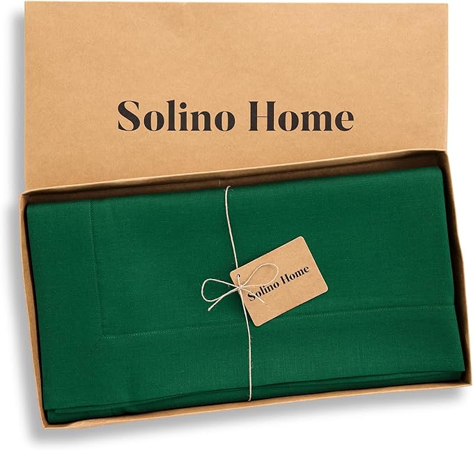 Solino Home Linen Tablecloth 52 x 52 Inch - 100% Pure Linen Christmas Green Square Tablecloth - Fete, Machine Washable Table Throw for Thanksgiving