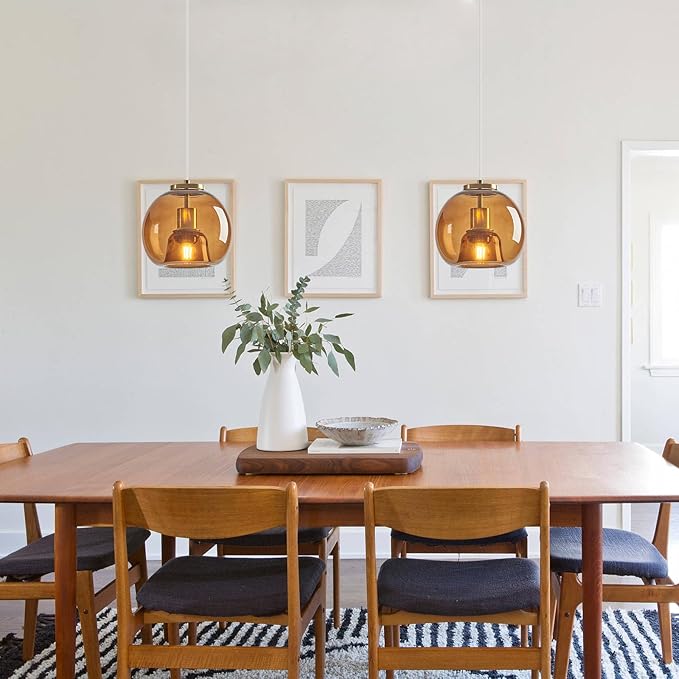 Brown Glass Pendant Lights Kitchen Island Gold Hanging Light Fixture Glass Globe Pendant Light Modern Pendant Lighting for Kitchen Island Bedroom Dining Room (7.87", 3 Pack)