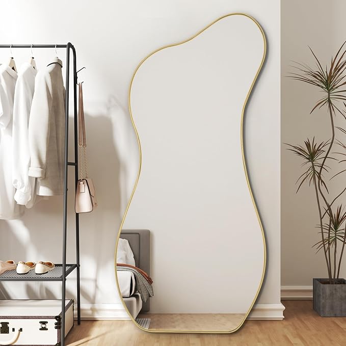 Irregular Mirror Full Length, 63"x30" Large Asymmetrical Mirror, Modern Standing Floor Mirrors for Dressing, Waved Shaped Mirrors for Living Room Bathroom Bedroom Hallway Entryway