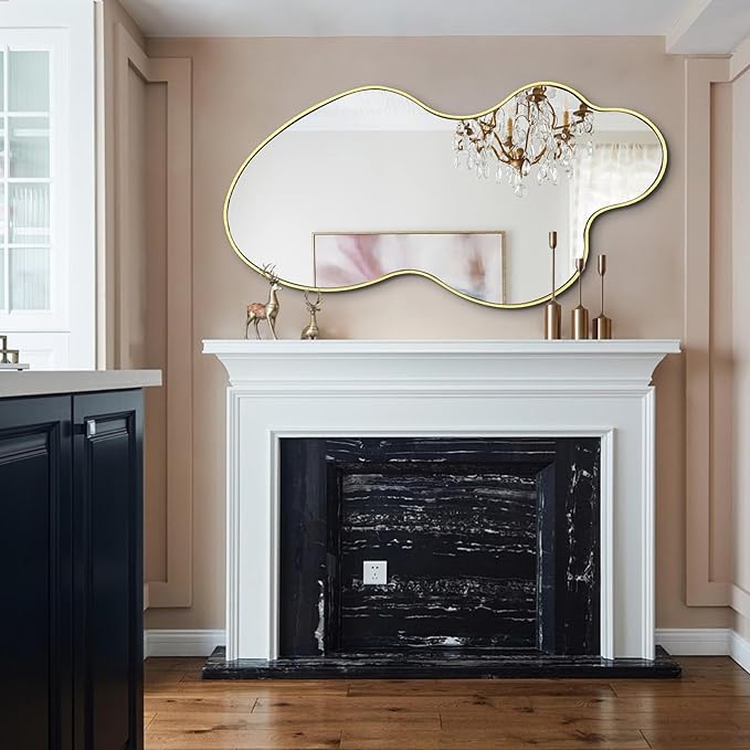 Gold Irregular Mirror, 23.6"x46.5" Asymmetrical Wall Mirror, Large Waved Mirrors with Metal Frame, Cloud Shaped Mirrors for Living Room Bathroom Bedroom Hallway Entryway Fireplace