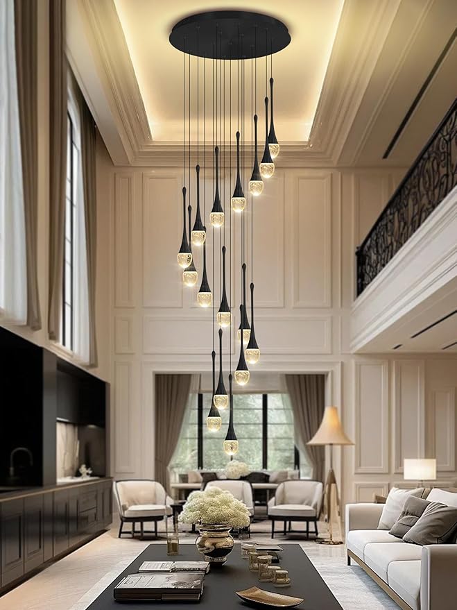 120'' Bubble Crystal Raindrop Chandeliers 16-Lights Black Long Staircase Chandelier Foyer High Ceiling Chandeliers Loft Slante LED Dimmable Ceiling Fixtures