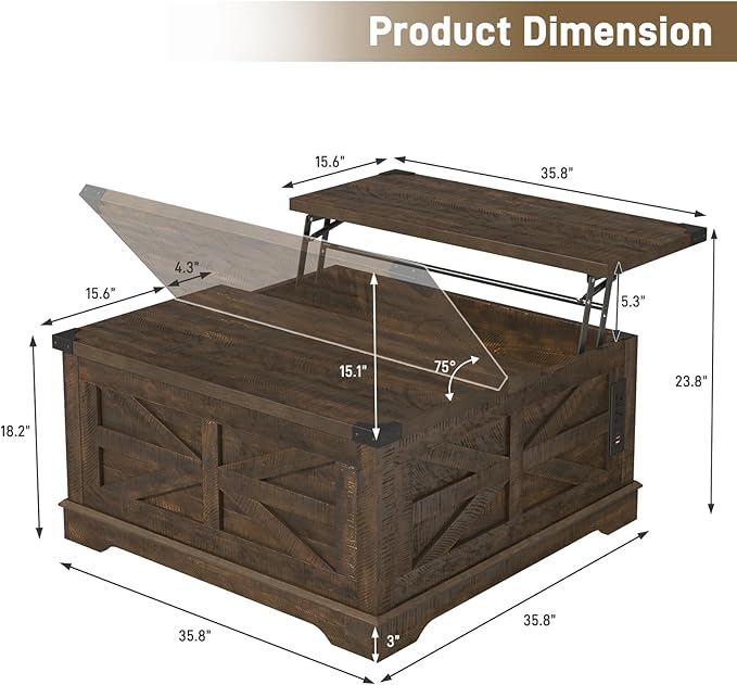 36" Farmhouse Movable Lift Top Coffee Table with Storage and Power Outlets, Square Wood Living Room Tables with Wheels&Large Hidden Space, Lift Wooden Barn Door Center Table, Brown