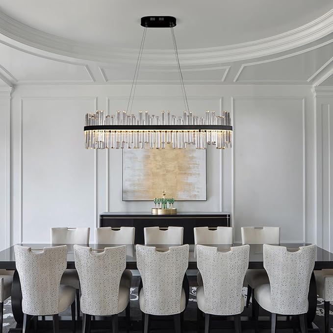 Black Led Modern Crystal Chandelier: 39.3" Rectangle Linear 3 Color Dimmable Chandeliers for Dining Room Over Table - Luxury Rectangular Contemporary Oval Light Fixture for Living Room Bedroom Foyer