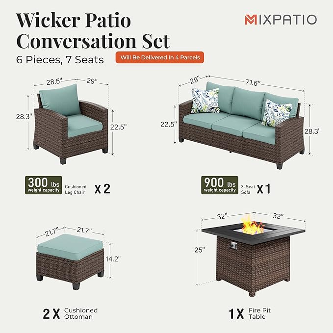 Patio Furniture Set, 6 Pcs Wicker Rattan Outdoor Conversation Set, 2 x Leg Chairs, 1 x 3 Seater Sofa and 2 x Ottoman with 4" Thick Cushion and 32" Fire Pit Table, Blue