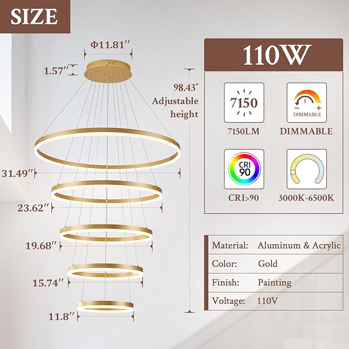 5-Rings D31.5’’ Modern LED Chandelier Gold Dimmable High Ceiling Chandeliers Foyer with Remote Control for Entryway Living Room Dining Room Staircase, 3000K-6500K