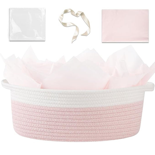 OIAHOMY Gift Basket Empty with Handle, 13.4"x 10"x 5.5" Small Woven Basket with Gift Bag, Ribbon and Wrap Tissue Paper, Dog Toy Storage for Organizing - Pink & White