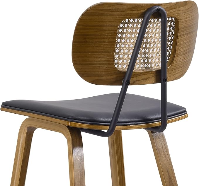 Counter Height Bar Stools Set of 3, Mid Century Modern Counter Stools, 26" Wood Kitchen Stool PU Leather Upholstered Barstool with Rattan Back, Counter Height Island Dining Bar Chair, Black