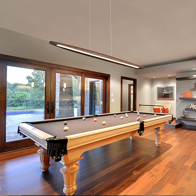 Wood Linear Pendant Hanging Light Fixture Minimalist Light Linear Chandelier Wood Kitchen Island Lighting 40w Dimmable for Dining Room Dining Table Living Room Pool Table Walnut Color