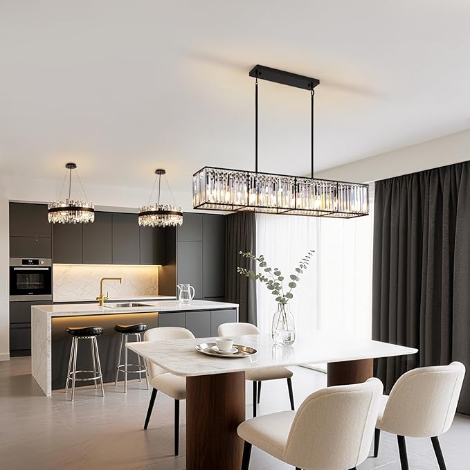 Siljoy Modern Crystal Chandelier for Dining Room, 7 Lights Black Large Rectangular Farmhouse Crystal Chandelier Industrial Linear Pendant Ceiling Light for Living Room Kitchen Island Bar L47''