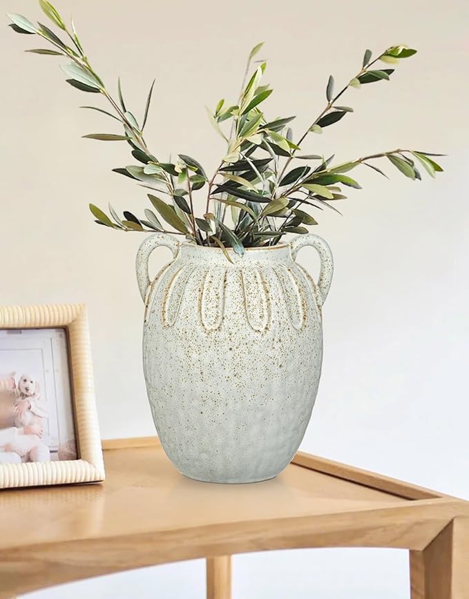 Ceramic Vase with 2 Handles,7.8 Inch Rustic Farmhouse Boho Vase for Home Decor, Petal-Like Pluting Vintage Vase for Flower, Centerpiece Table Decoration