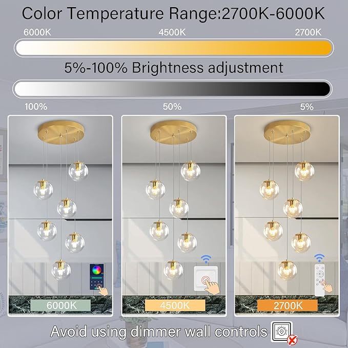 H 87in Modern Glass Globe Chandelier 6-Lights Pendant Light for Staircase Mid Century Globe Chandelier Clear Glass Hanging Lighting for Living Room Bedroom Entryway