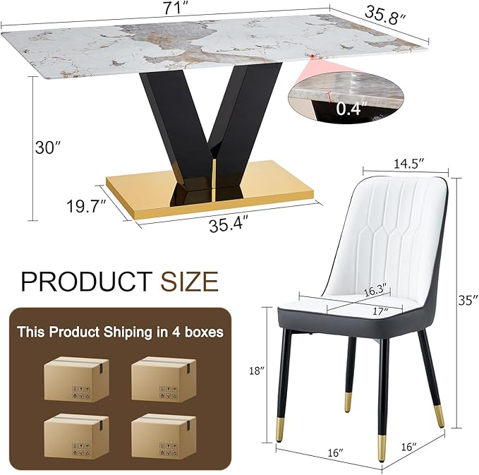 71'' Dining Table Set for 8,Marble Dining Table Set,Modern Kitchen Table with 8 PU Leather Chairs,Gold Dining Room Table Set with V-Shaped Black Glossy Pillars,Ideal for Kitchen Dining Room