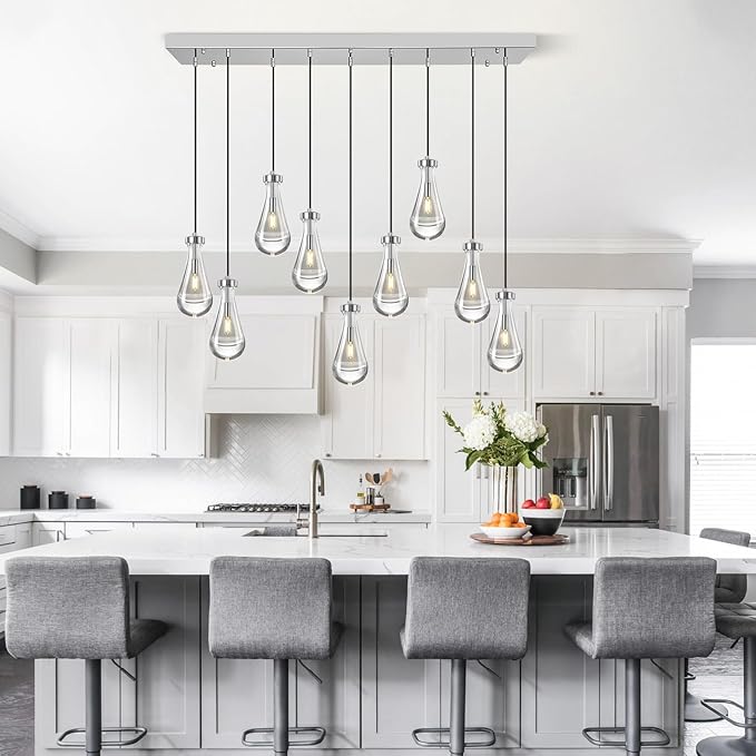 Modern Raindrop Pendant Lights Kitchen Island Teardrop Chrome Hanging Light Fixture Clear Solid Glass Chandeliers Crystal Pendant Light for Porch Living Room Dining Room(Long Plate-9 Lights)