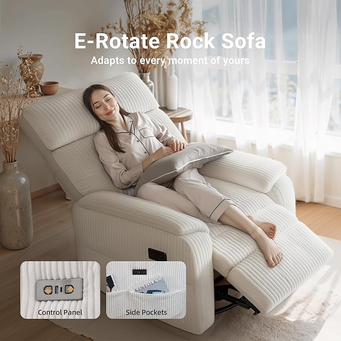 Overized Power Swivel Rocker Recliner Chair,Comfy Corduroy Sofa Reclining for Adults,Adjustable Rocker Reclining Sofa Lounge with USB&Type-C Ports,Side Pocket, for Living Room,White