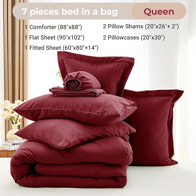 MUXHOMO 7 Pieces Queen Comforter Set, Soft Bed in a Bag Queen Size, All Season Bedding Set with Comforter, Flat Sheet, Fitted Sheet, Pillowcases & Shams, Burgundy Red