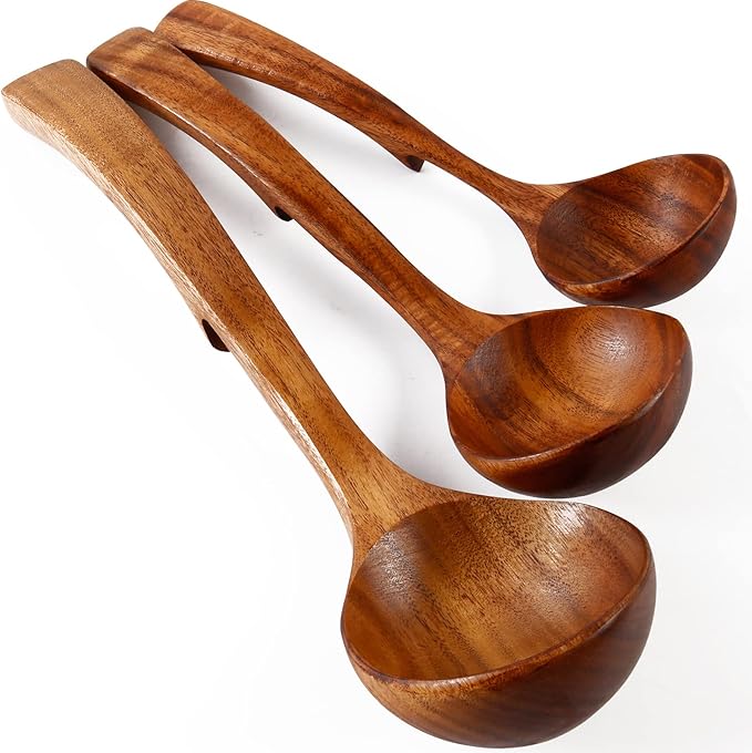 Wooden Ladle for Soup, 3Pcs (S/M/L) Wooden Spoons for Cooking, Non-Stick Wooden Spoon, Natural Teak Wood Cooking Spoons, Kitchen Utensils set
