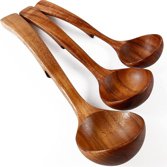 Wooden Ladle for Soup, 3Pcs (S/M/L) Wooden Spoons for Cooking, Non-Stick Wooden Spoon, Natural Teak Wood Cooking Spoons, Kitchen Utensils set
