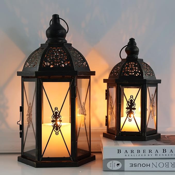 DECORKEY Large Lantern Decorative Outdoor & Indoor, Set of 2 (15’’&10’’) Metal Candle Lanterns Decor, Vintage Hanging Candle Holder for Front Porch Patio Wedding Farmhouse Home, Spring Decoration