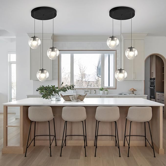 Globe Glass Pendant Light Modern Black Clear Globe Glass Chandelier Mid Century Chandelier 3-Light Hanging Fixture for Kitchen Island Foyer Hallway Dining Room