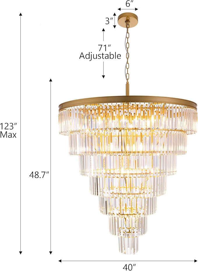 TOCHIC Large Crystal Chandelier for High Ceiling, 40-inch 7-Tier Modern Gold Crystal Chandeliers Lighting Fixture, Raindrop K9 Round Light for Entryway Staircase Foyer Living Bedroom Dining Room