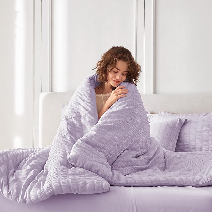 MUXHOMO 7 Pieces Full Comforter Set, Seersucker Bed in a Bag Full Size, All Season Luxury Bedding Set with Comforter, Flat Sheet, Fitted Sheet, Pillowcases & Shams, Lavender