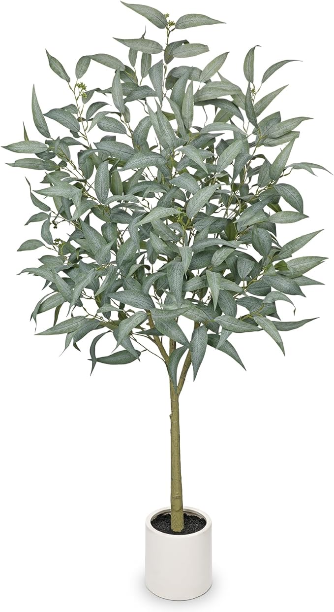 Artificial Eucalyptus Tree in White Pot – 5FT Faux Indoor Plant for Home Décor, Modern Greenery for Living Room, Bedroom, Office – Realistic Silk Leaves, Minimalist Planter