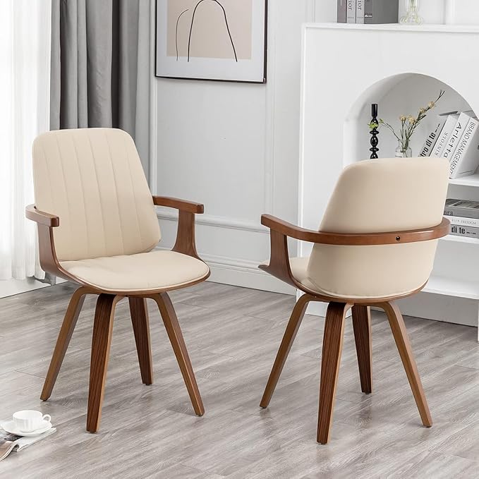 Dining Chairs Set of 2, Mid Century Modern Dining Chairs with Walnut Craftsmanship, Upholstered Faux Leather, Wooden Arms and Legs, Dining Chair with Arms for Kitchen/Living Room (Beige, Swivel)