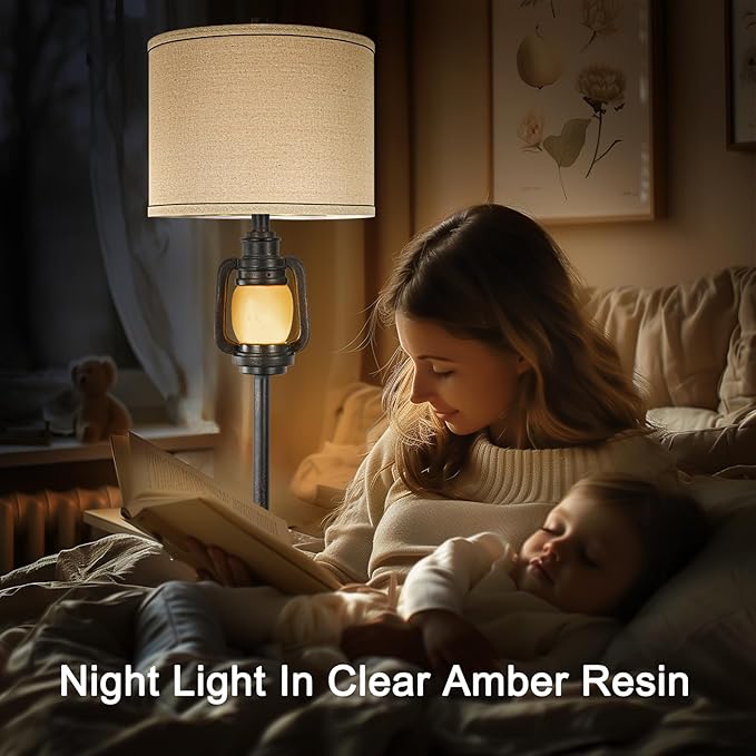 Floor Lamp for Living Room Vintage Standing Lamp with Linen Fabric Hardback Shade Industrial Tall Lamp With Night Light Decor for Living Room, Bedroom,Study, Home Office (Bulb Included)