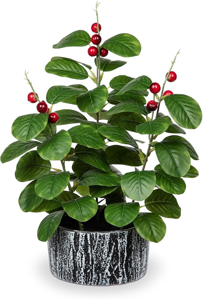 Artificial Plants Decor Greenery Fake Ficus Leaf with Red Seeds Indoor Potted 14" Fake Plant in Rustic Black Ceramic Planter for Farmhouse Room Christmas Kitchen Office Table Desk Decor