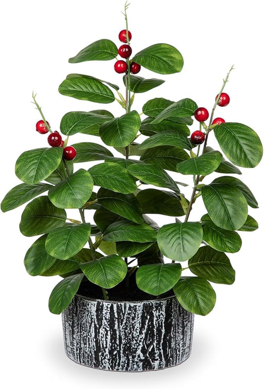 Artificial Plants Decor Greenery Fake Ficus Leaf with Red Seeds Indoor Potted 14" Fake Plant in Rustic Black Ceramic Planter for Farmhouse Room Christmas Kitchen Office Table Desk Decor