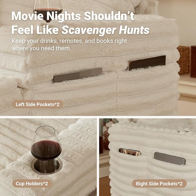 Chaise Lounge Chair Indoor, Amsleekey 64" Oversized Sleeper Chair with Wood Frame, Upholstered Sofa Bed for Living Room, Movie Room, Bedroom with 4 Storage Pockets&2 Cup Holders(Plush Corduroy, Beige)