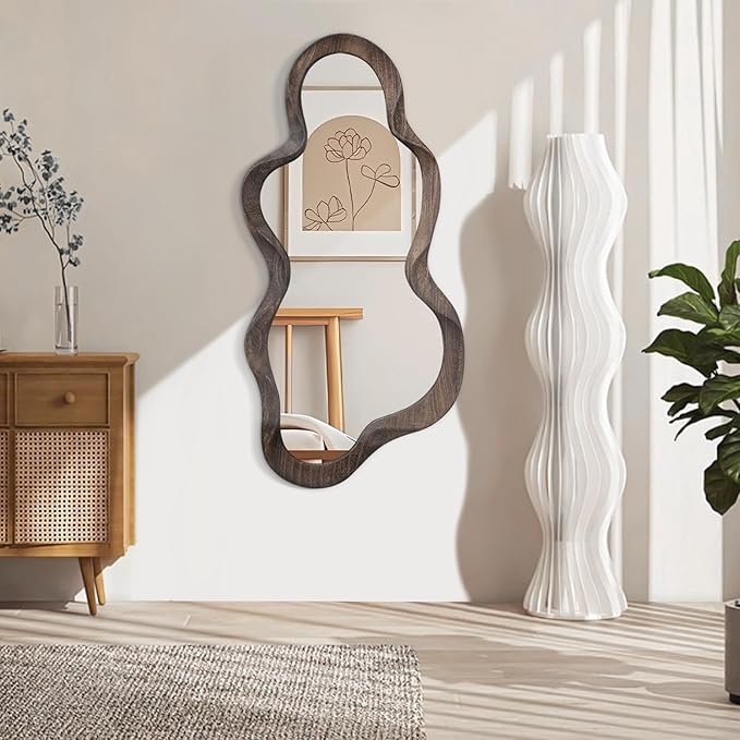 Asymmetrical Mirrors for Wall Unique Cloud Wood Frame Irregular Mirror Modern Living Room Bedroom Vanity Entryway Hallway Decorative Artistic Wall Mirror Brown