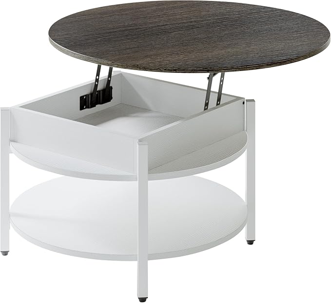 FABATO 35.43”Round Lift-Top Coffee Table Large Storage with Hidden Compartment Round Coffee Table 2-Tier Farmhouse Style Living Room Table Round Dining Coffee Table,White