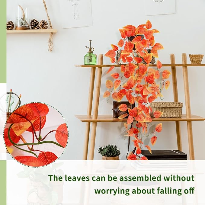 3 Pack Artificial Fall Plants Hanging Orange Vines Potted Fall Foliage Fake Pothos Trailing Plant Autumn Decoration for Indoor Outdoor Thanksgiving Bathroom Wall Kitchen Room Shelf Decor (Black Pot)