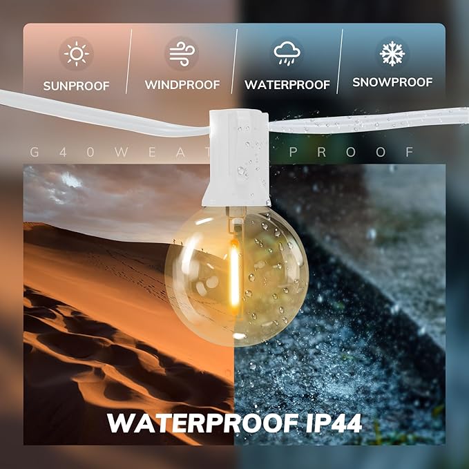 Achin Outdoor String Lights 100FT G40 Globe Patio Lights Outdoor Waterproof with 50+2 Shatterproof LED Bulbs 2700K Dimmable String Lights for Outside Backyard Party Wedding, White Wire