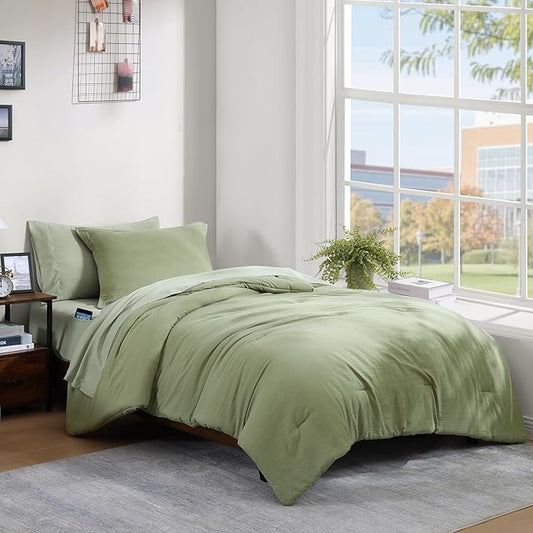 WRENSONGE Twin Comforter Set- 5 Pieces Sage Green Bed in a Bag, All Season Twin XL Bedding Sets with 1 Fitted Sheet, 1 Flat Sheet, 1 Pillow Sham and 1 Pillowcase