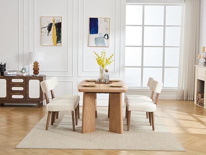 Wooden Dining Table Set of 4, Farmhouse Rectangular Dining Room Table with 4 Upholstered Beige Dining Room Chairs, Natural Frame, Modern Natural Kitchen Table and Linen Chairs Set for Home