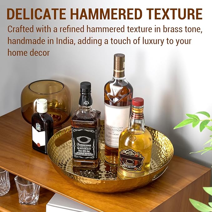 MyGift 14 Inch Deluxe Decorative Dish Tray Centerpiece Base, Brass Tone Plated Hammered Aluminum Fruit Bowl Serving Platter with Cutout Handles - Handcrafted in India