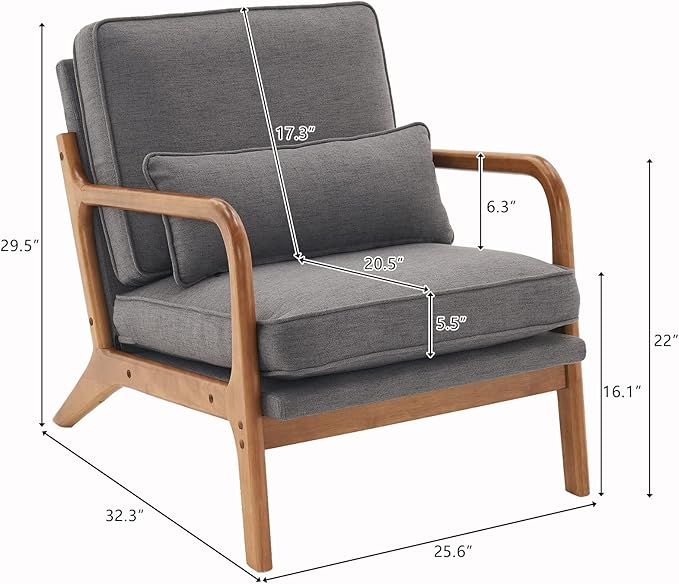 Karl home Accent Chair Mid-Century Modern Chair with Pillow Linen Fabric Upholstered Lounge Arm Chair with Solid Wood Frame & Soft Cushion for Living Room, Bedroom, Balcony, Gray