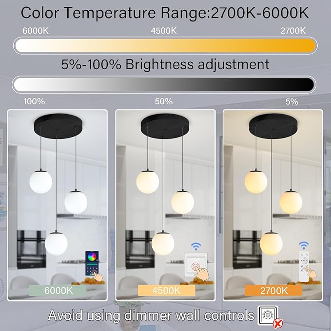 3-Lights Globe Glass Pendant Light Modern White Globe Glass Chandelier Mid Century Chandelier Black Hanging Fixture for Kitchen Island Foyer Hallway Dining Room