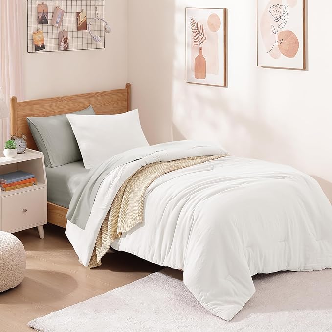 WRENSONGE Twin Comforter Set- 5 Pieces White Twin Bed in a Bag, All Season Twin XL Bedding Sets with 1 Fitted Sheet, 1 Flat Sheet, 1 Pillow Sham and 1 Pillowcase