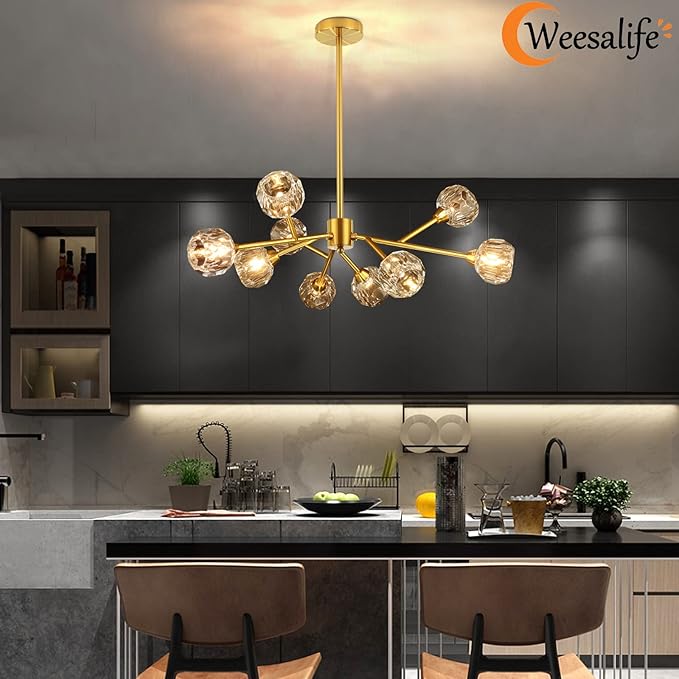 Sputnik Chandeliers for Dining Room Light Fixture Over Table, Modern Crystal Chandeliers, 9 Lights Gold Lighting Fixtures for Living Room Bedroom Kitchen Island