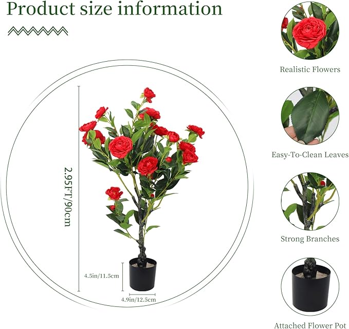 2 Pack Artificial Camellia Tree, 36" Red Faux Camellia Plant, Fake Indoor Outdoor Tree for Home, Office, Porch, Living Room, Red