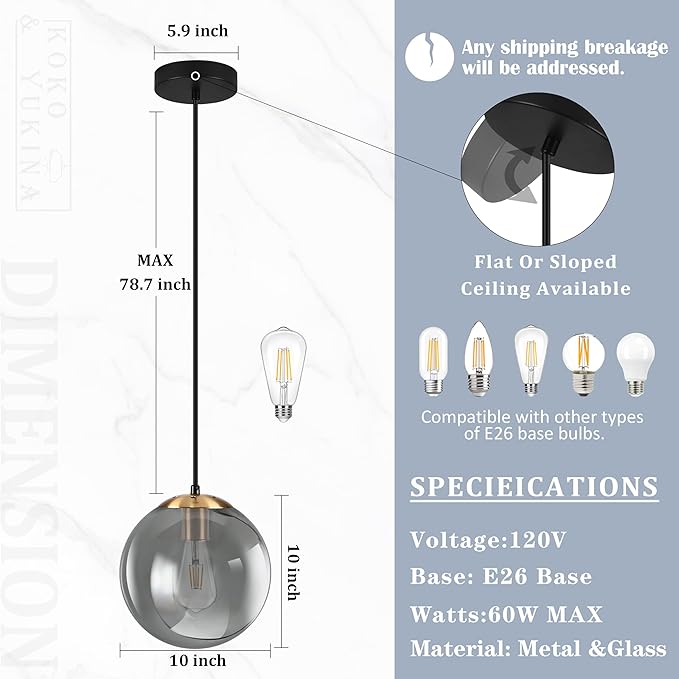 KoKo&Yukina 10 Inch Pendant Light Glod Globe Pendant Lights Kitchen Island Mid Century Light Fixture Adjustable Globe Cluster Lights with Grey Glass Shade for Dining Room Living Room