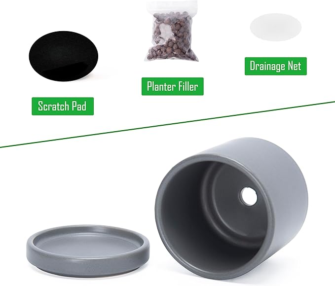 D'vine Dev 3.5 Inch Ceramic Planter Pot with Drainage Hole and Saucer, Indoor Cylinder Round Planter Pot, Speckled Grey, 94-O-A-3